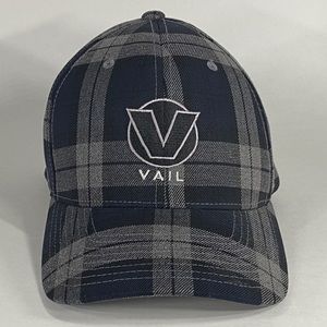 Vail Colorado Black Gray Plaid Stretch Fitted Baseball Cap Hat Adult S/M Flexfit